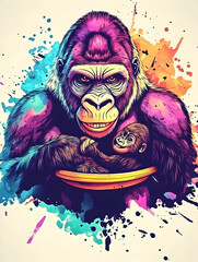 Colorful illustration of a gorilla mother holding her baby.