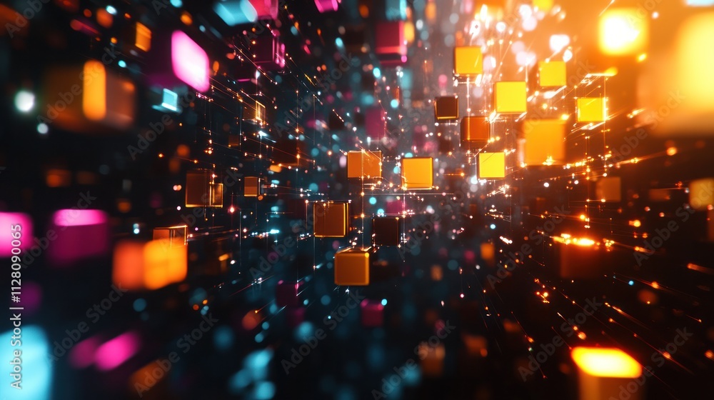 Poster a blockchain ecosystem, featuring a dynamic arrangement of interconnected blocks floating in space, 