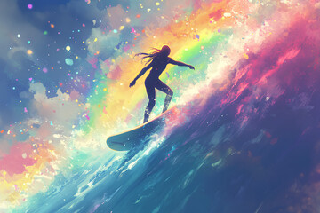 Naklejka premium a person playing surf in the rainbow sea