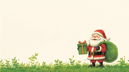 Obraz premium Cheerful Santa holding gifts with a bag, set against a light background and greenery.