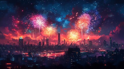 Vibrant Fireworks Display Over a Modern Cityscape at Night