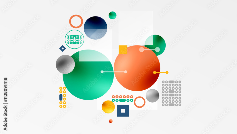 Poster minimalistic abstract vector design, layered geometric shapes circles, squares, and triangles with s