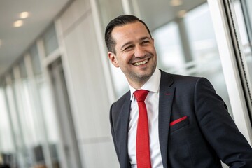 Fototapeta premium Handsome businessman in formal wear smiling and looking at camera