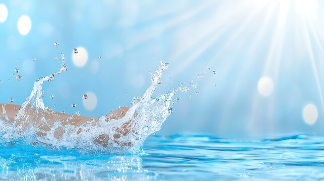 A close-up of a swimmer diving into crystal-clear water, capturing the powerful motion and splash, with rays of sunlight streaming through the surface. The focus is on the swimmer is form,