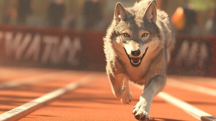 A fierce wolf sprinting on a track, showcasing its speed and agility in a dynamic pose.