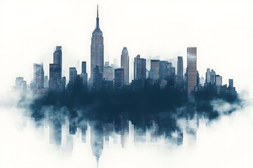 Fototapeta premium City skyline with reflection at dusk over water showcasing skyscrapers and towers in a vibrant urban setting