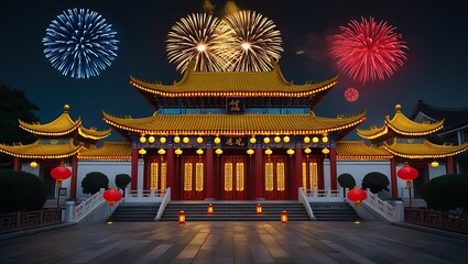 Beautiful fireworks show in city over traditional building to celebrate Chinese lunar new year. ai generative