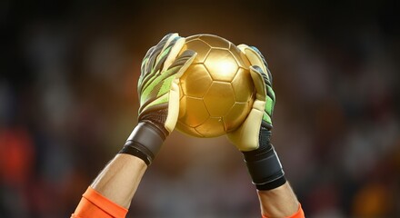 Goalkeeper’s gloved hands clenched in a powerful victory pose, holding a golden ball