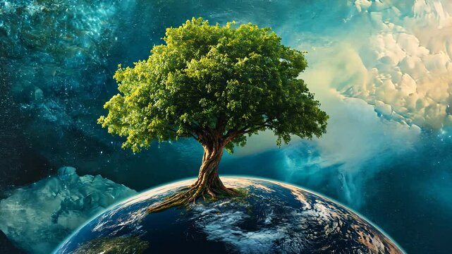 Lone tree growing on earth in cosmic landscape