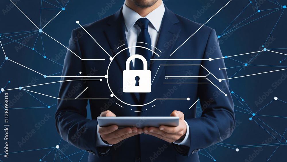 Poster professional man using tablet with digital padlock icon representing cybersecurity and data protecti