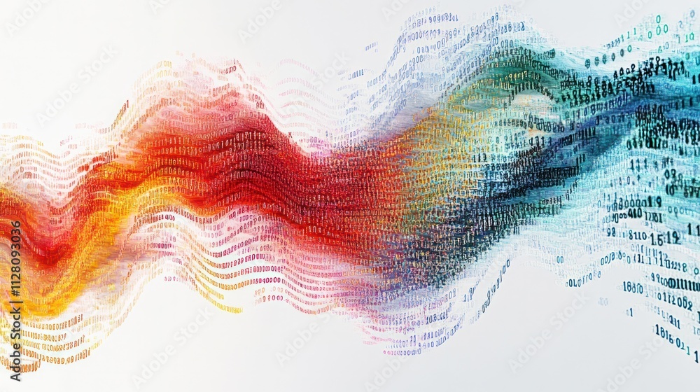 Poster binary stream, displaying a cascade of colorful binary numbers flowing seamlessly across a white bac