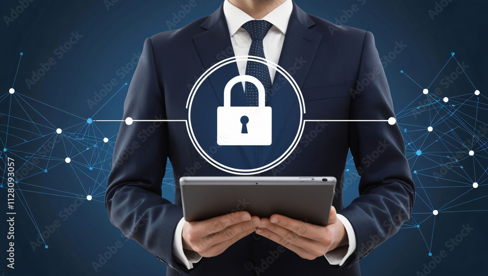Poster professional man using tablet with digital padlock icon representing cybersecurity and data protecti