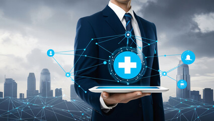 Businessman in formal attire holds a tablet displaying healthcare symbols with a city skyline in the background. The scene suggests technological advancements in health solutions.
