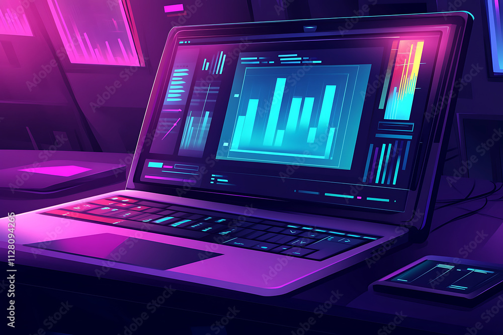 Poster a vibrant laptop displaying data analytics in a tech-oriented environment.