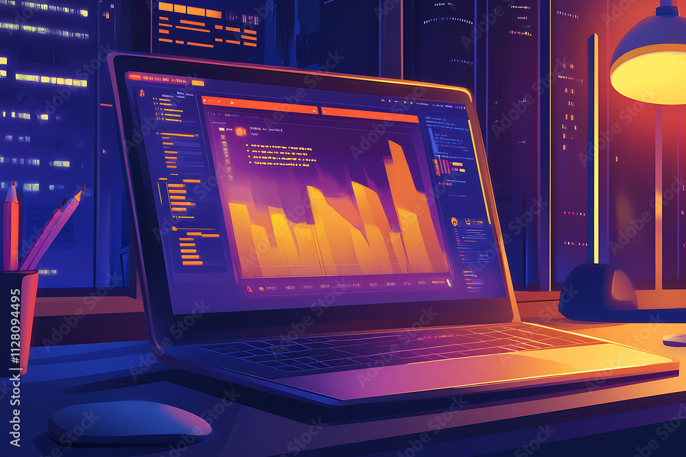 Poster a laptop displaying data analytics in a modern, illuminated workspace.