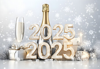 3D golden number "2025" with a silver bottle of champagne, snowflakes, and a gift box on a white background. Happy New Year.