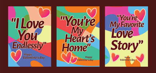 Creative Valentine Cards Featuring Red Hearts and Elegant Designs. A set of Valentine’s Day greeting card with sample text, red hearts and abstract backgrounds templates vector illustration. 