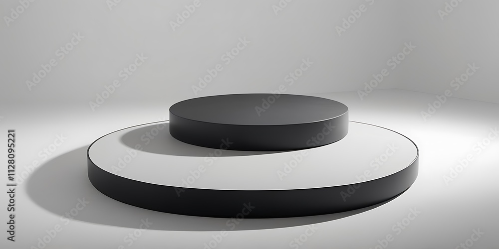 Fototapete minimalist modern circular matte black platform with tiered design on light gray background