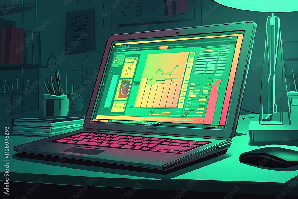 Poster a laptop displaying colorful data visualizations and graphs on a desk.