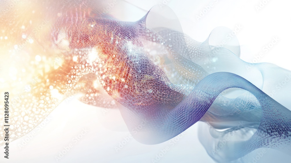 Poster concepts, with intricate waveforms and particle-like structures interwoven against a bright white ba