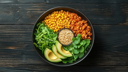 Colorful healthy salad with avocado greens vegetables fruits