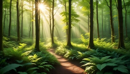 Green Forest Sun Sky Pine Bamboo Trees Jungle Canopy Background Summer Spring Autmn Camping Travel