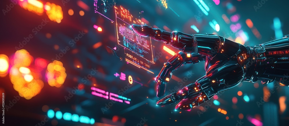 Poster robotic hand interacting with futuristic interface.