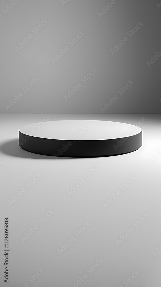 Poster minimalist modern circular matte black platform with tiered design on light gray background