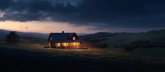 Illuminated farmhouse on a hill at night.