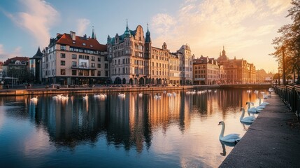 Fototapeta premium Quiet riverside cityscape, swans in the water, mix of historic and modern buildings, early morning