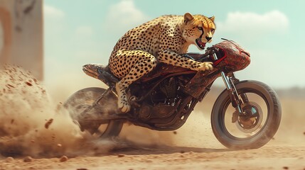 A dynamic scene capturing a cheetah riding a motorcycle, showcasing speed and uniqueness in a desert landscape.