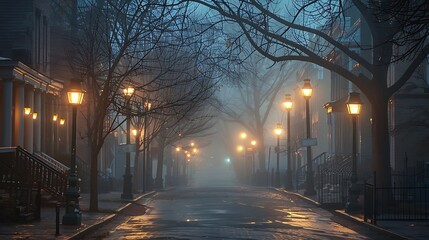 A quaint city street in the early morning fog, with streetlights casting a warm, gentle glow