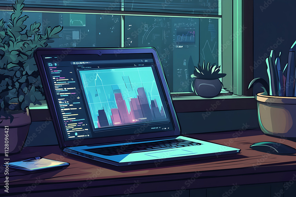 Poster a laptop displaying data analysis, surrounded by plants and a smartphone on a desk.