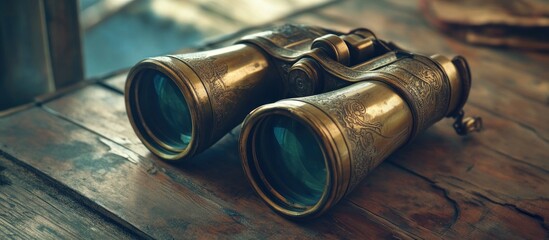 Antique brass binoculars resting on a rustic wooden surface.
