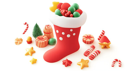 Colorful Christmas Stocking Filled with Festive Treats, Decorations, and Gifts, Surrounded by Cheerful Holiday Elements on a White Background