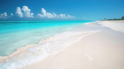 Fototapeta premium Beautiful Sandy Beach with Soft Blue Ocean Wave, Golden Sand, Gentle Ripple, Ideal Place for Relaxation and Enjoying the Seaside Scenery.