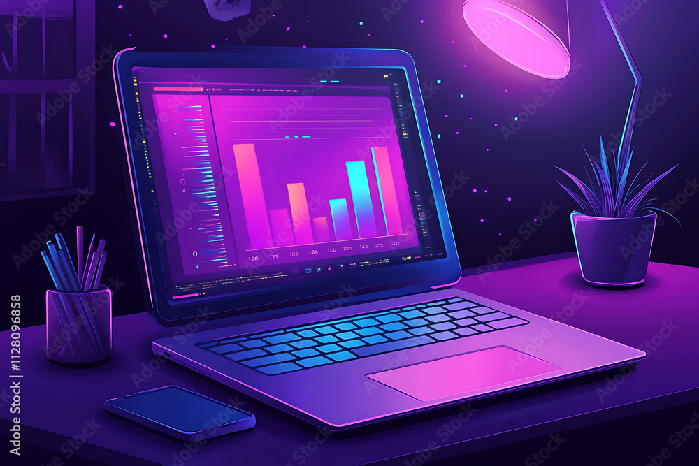 Aufkleber a laptop displaying colorful data visualizations in a dimly lit room.