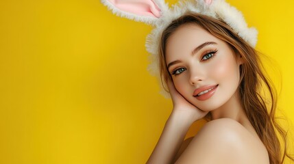 A whimsical portrait of a young woman wearing fluffy rabbit ears, set against a bold yellow background, her face illuminated with warm