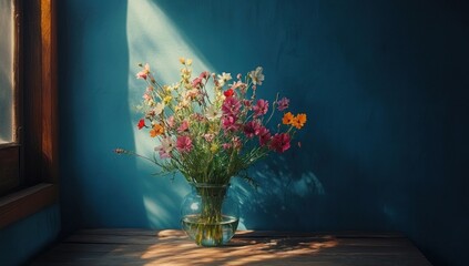 Colorful wildflowers in glass vase, sunlit wooden table, blue wall.