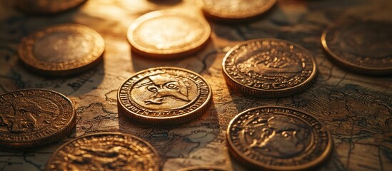 Golden coins scattered on antique map.