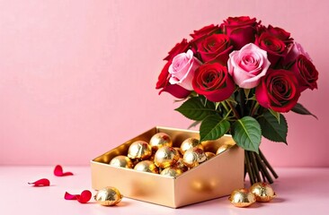 Romantic bouquet of red and pink roses placed next to a box of chocolates. Perfect for birthday, Valentine's Day, Mother's Day, wedding