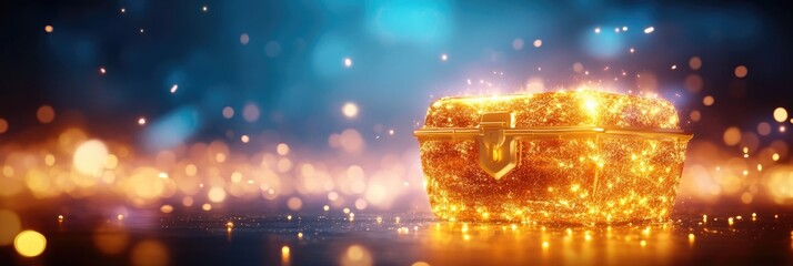 Glowing treasure chest amidst sparkling lights in a magical atmosphere. Happy St. Patrick's Day.