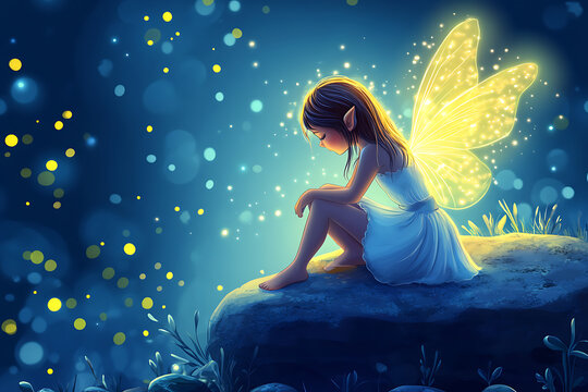 A serene fairy sits on a rock, surrounded by glowing lights in a magical forest setting. - Powered by Adobe