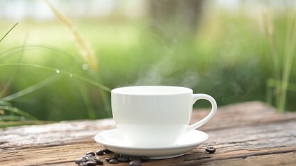 Hot Drink Delight Enjoying Americano and Hot Tea in a Serene Nature Setting with Coffee Mug on Wooden Table