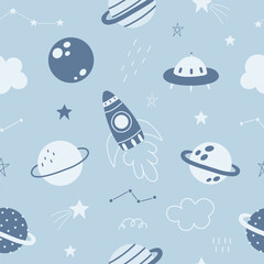Seamless pattern with cute space, planets, stars, ufo, constellations, rockets, saturn on light blue background. Creative kids texture for fabric, prints, wallpaper, decorations, textiles.