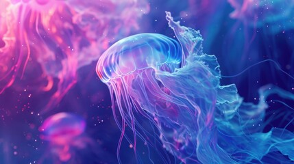 Fototapeta premium A Luminescent Jellyfish Swims in Vibrant Ocean Depths