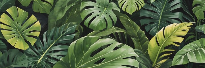 Seamless Tropical Jungle Pattern with Lush Overlapping Monstera Leaves in Vibrant Shades of Green