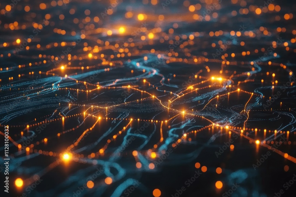 Aufkleber abstract glowing network connections, digital data streams, and flowing particles.