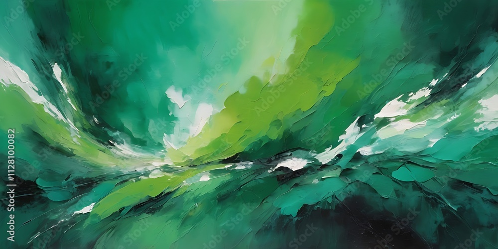 Poster vibrant abstract painting of swirling green waves with textured brushstrokes and dynamic layered com