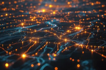 Fototapeta premium Abstract glowing network connections, digital data streams, and flowing particles.